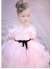 Pink Tulle Ruffled High Low Flower Girl Dress With Removable Train